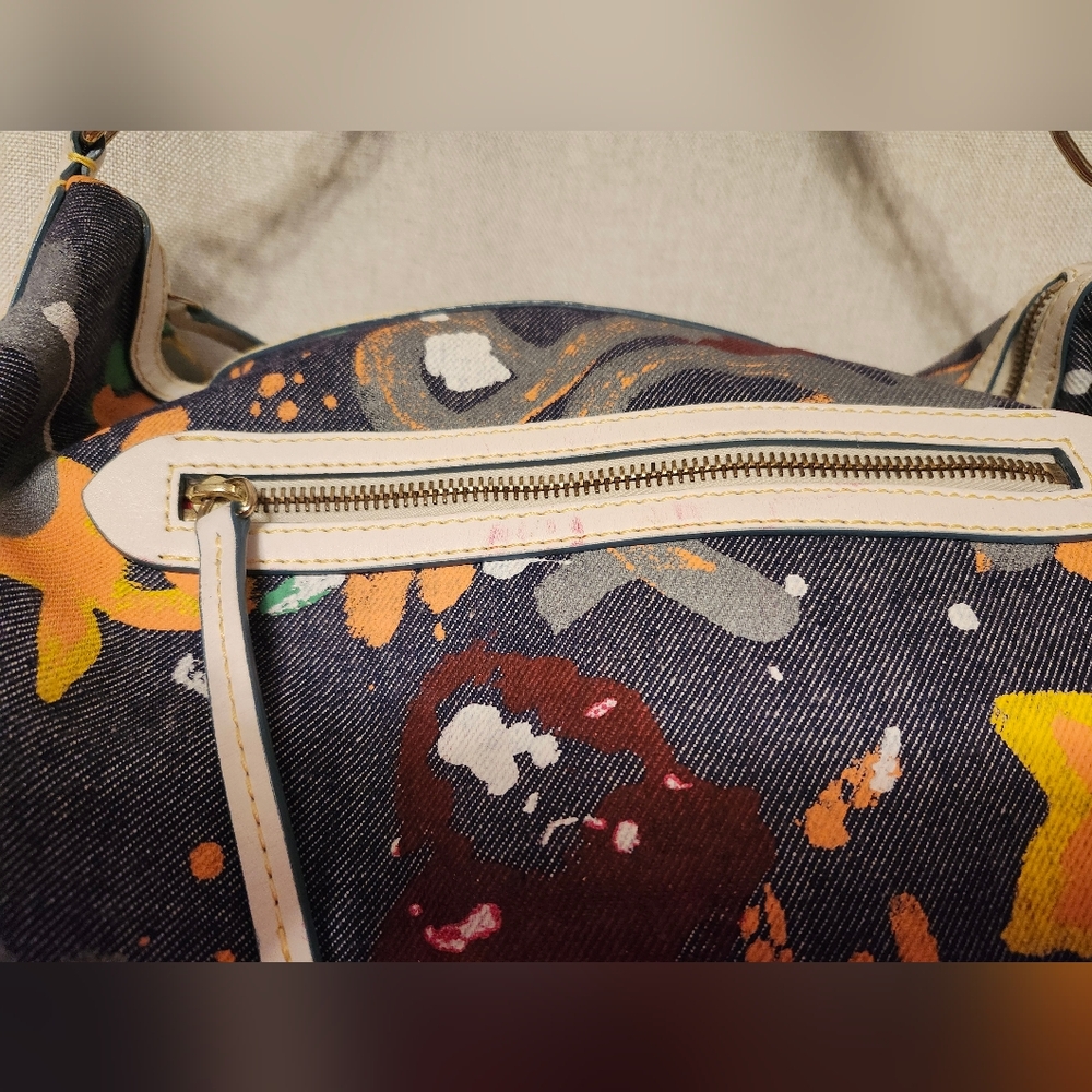 Dooney And Bourke -Vintage Denim Splatter Paint Chain And Leather Strap Bag - Picture 9 of 16